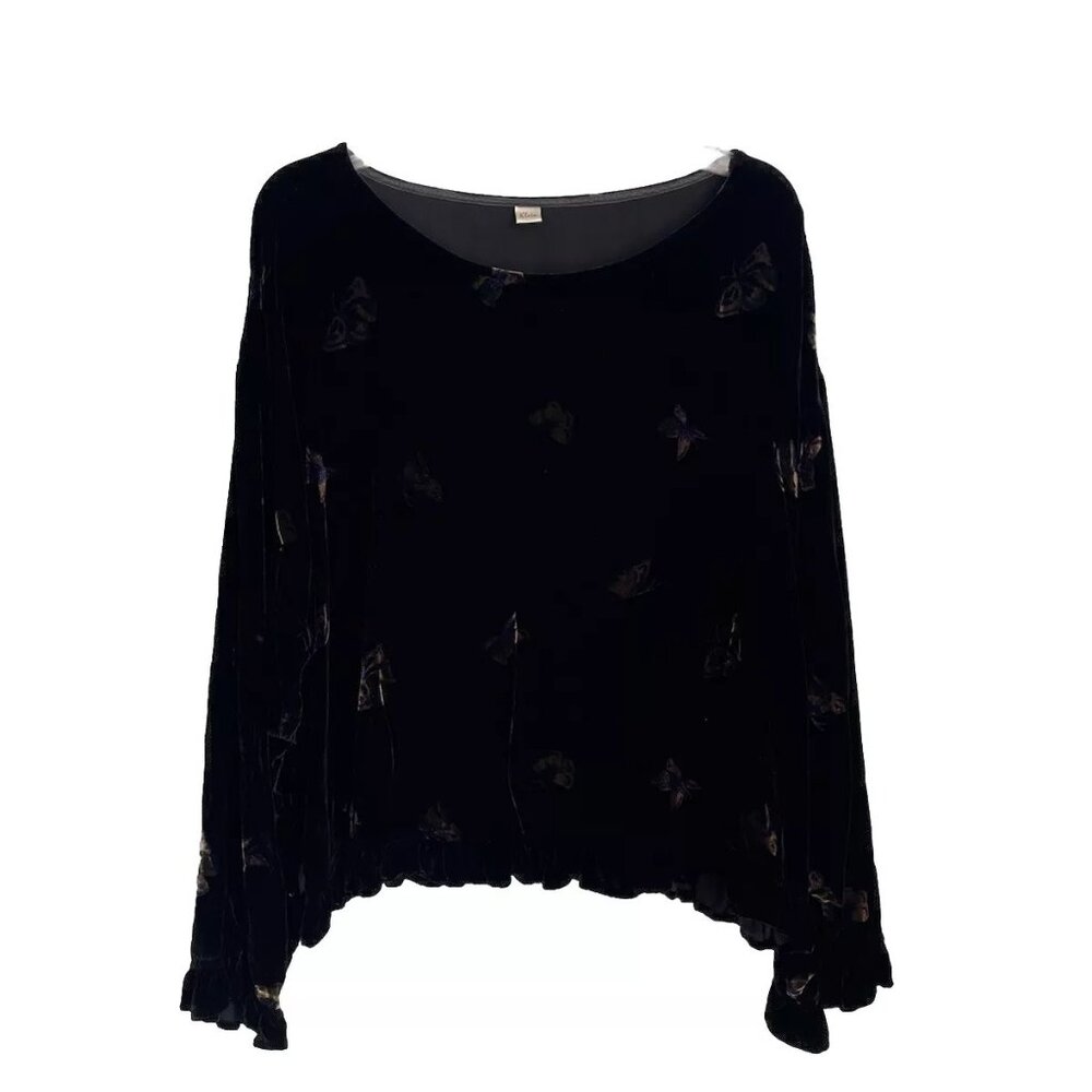 Kleen Black Velvet Shimmer Butterflies Ruffled Top Blouse Silk Blend